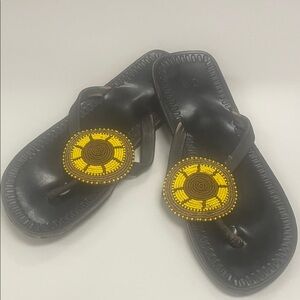 Source Unknown Black and Yellow Beaded leather flip flops ,Sandals size 8.5 / 9